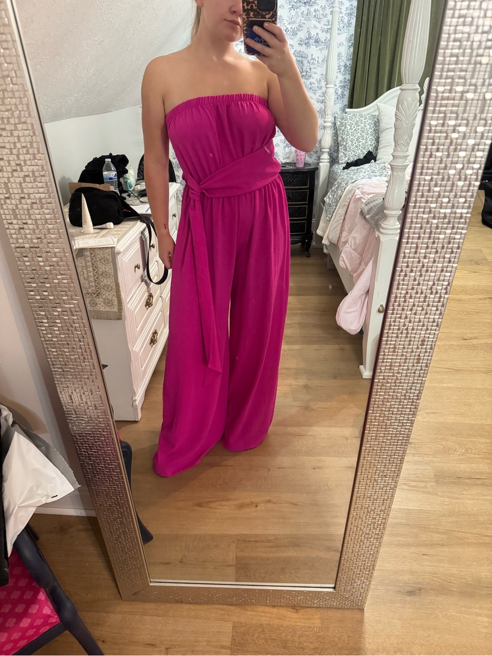 Tyche Strapless Wide-Leg Jumpsuit in Bright Fuchsia